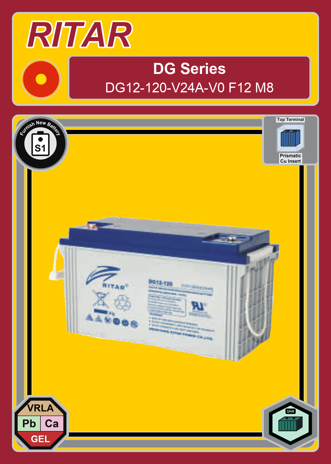 Furnish New Battery Ritar DG Series DG12 120 V24A V0 F12 M8