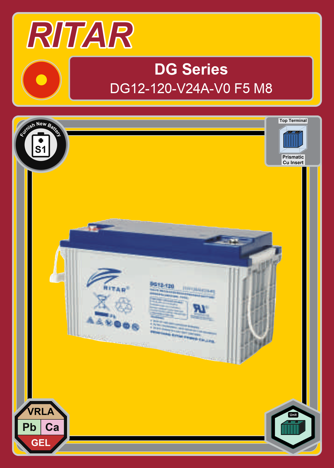 Furnish New Battery Ritar DG Series DG12 120 V24A V0 F5 M8