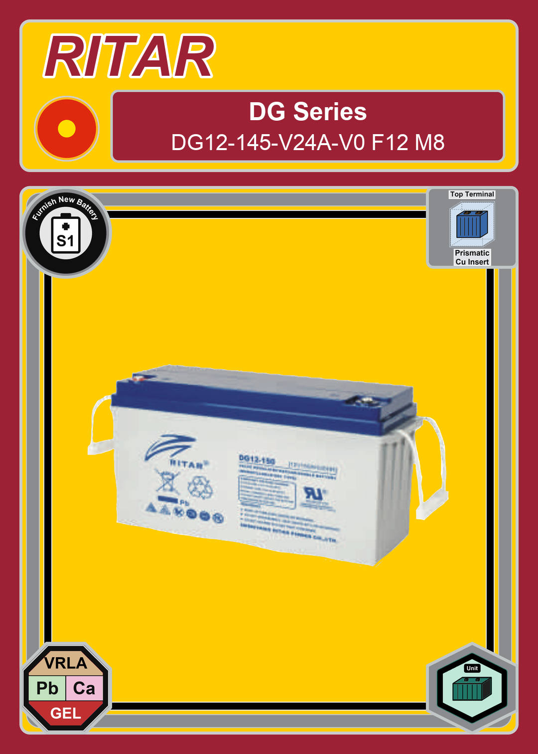 Furnish New Battery Ritar DG Series DG12 145 V24A V0 F12 M8