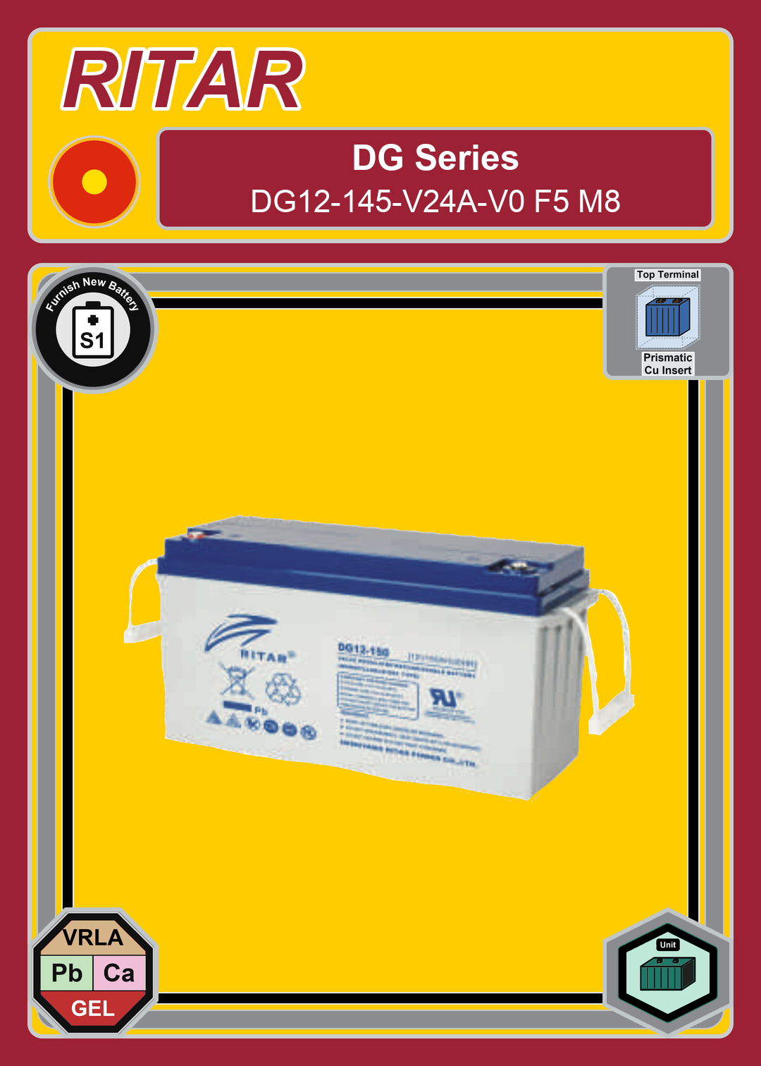 Furnish New Battery Ritar DG Series DG12 145 V24A V0 F5 M8