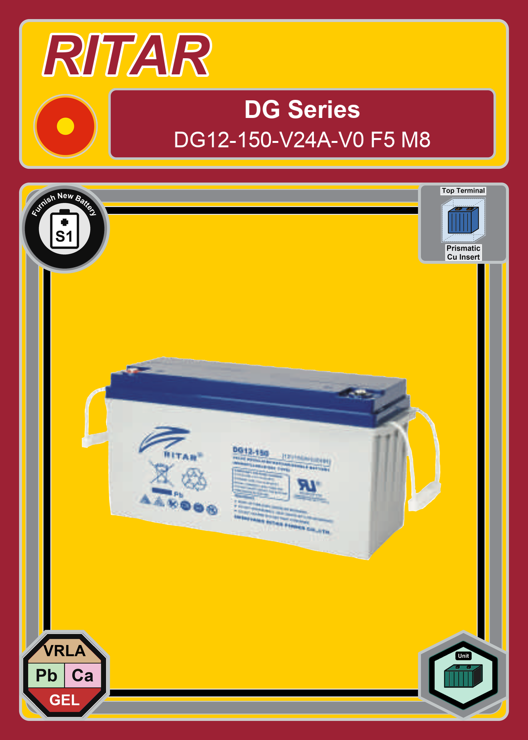 Furnish New Battery Ritar DG Series DG12 150 V24A V0 F5 M8