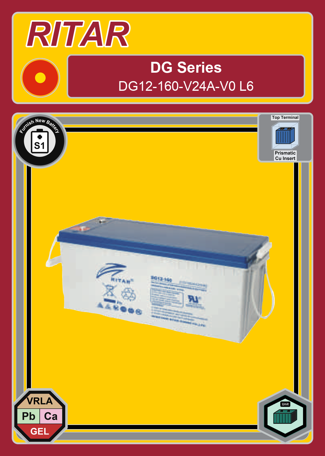 Furnish New Battery Ritar DG Series DG12 160 V24A V0 L6