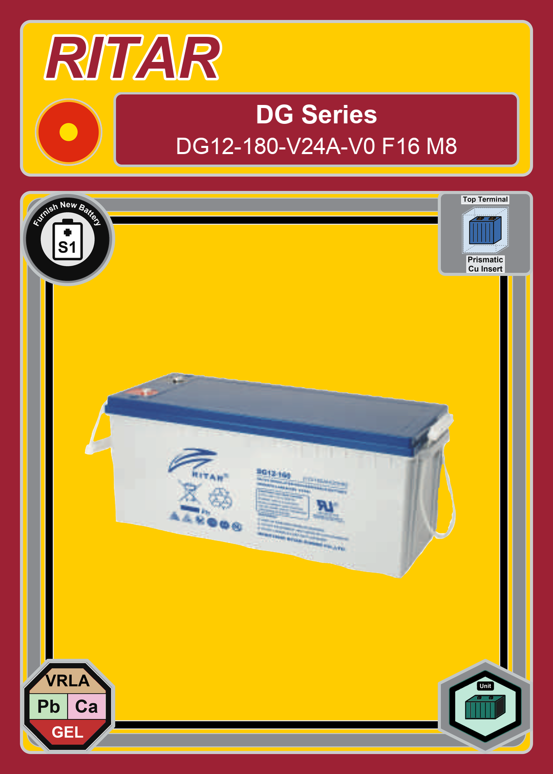 Furnish New Battery Ritar DG Series DG12 180 V24A V0 F16 M8
