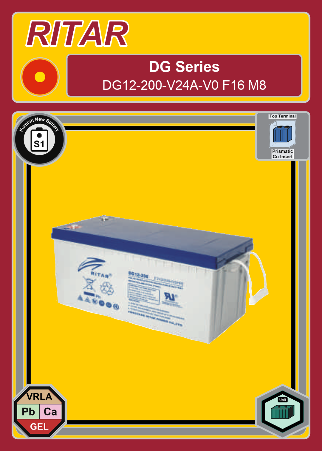 Furnish New Battery Ritar DG Series DG12 200 V24A V0 F16 M8