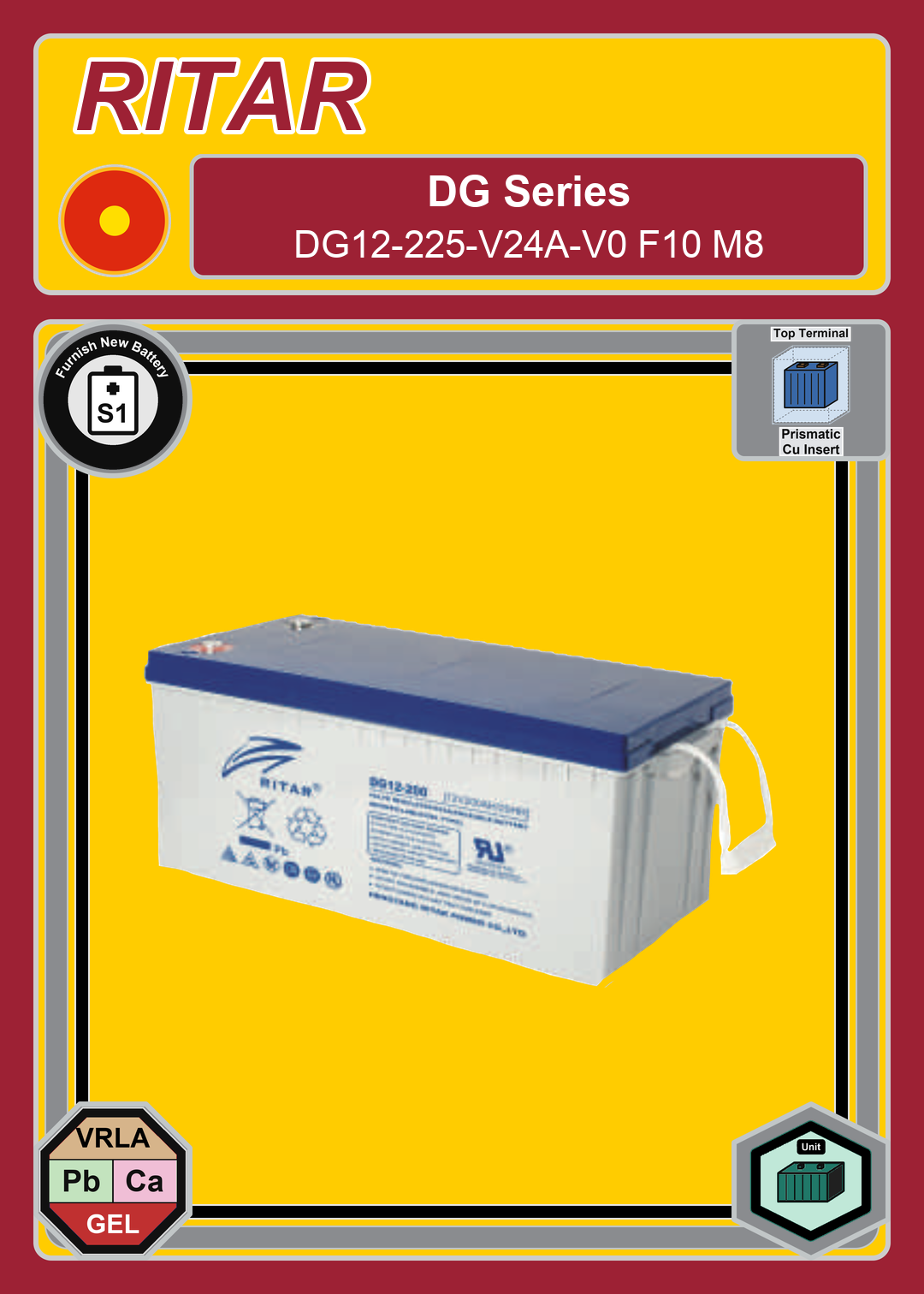 Furnish New Battery Ritar DG Series DG12 225 V24A V0 F10 M8