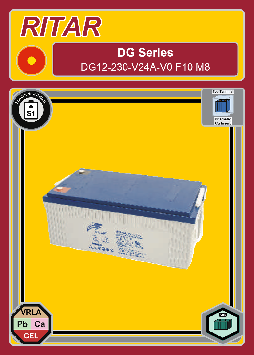 Furnish New Battery Ritar DG Series DG12 230 V24A V0 F10 M8