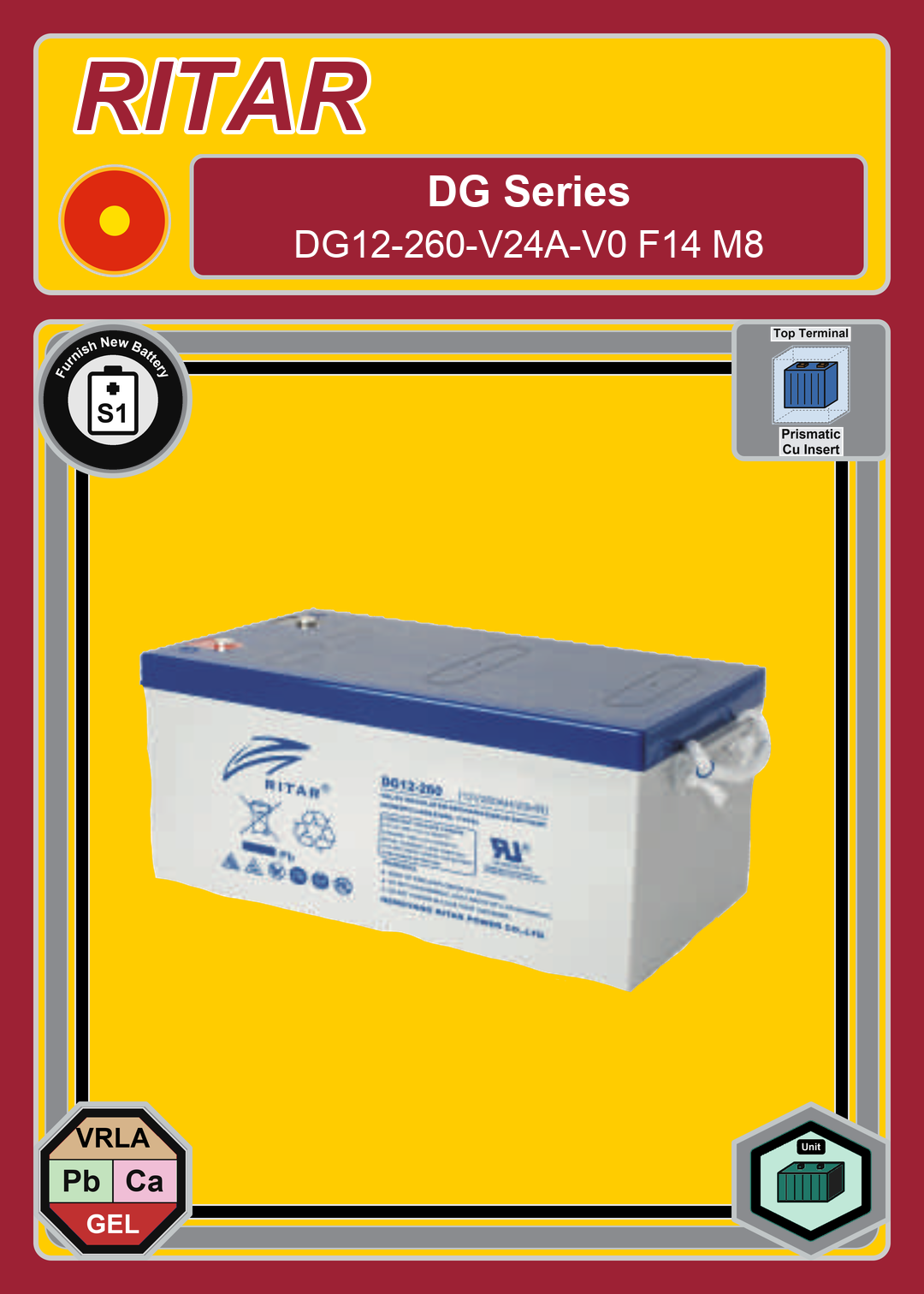 Furnish New Battery Ritar DG Series DG12 260 V24A V0 F14 M8