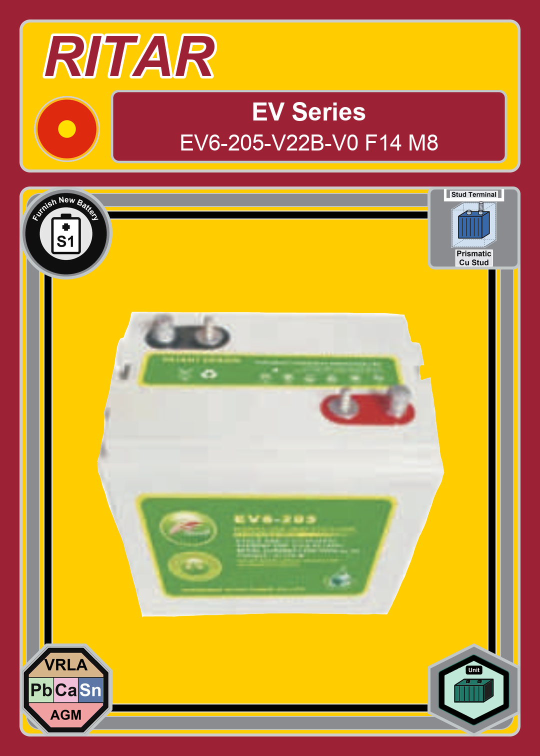 Furnish New Battery Ritar EV Series EV6 205 V22B V0 F14 M8