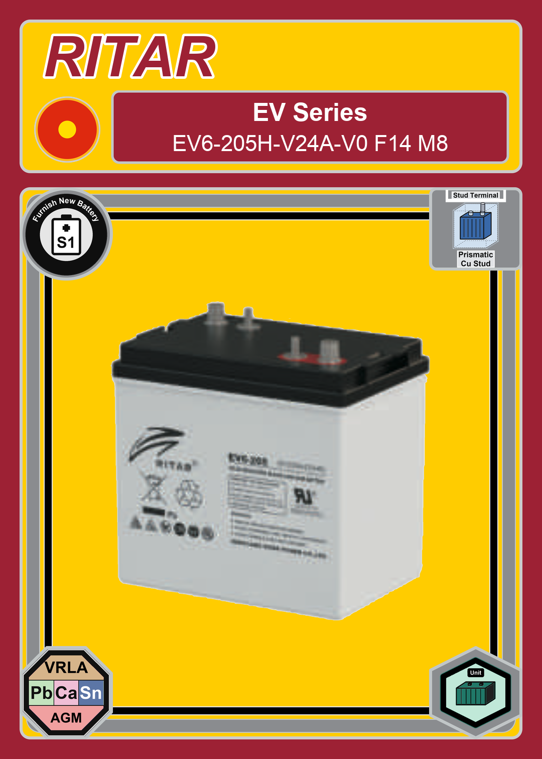 Furnish New Battery Ritar EV Series EV6 205H V24A V0 F14 M8