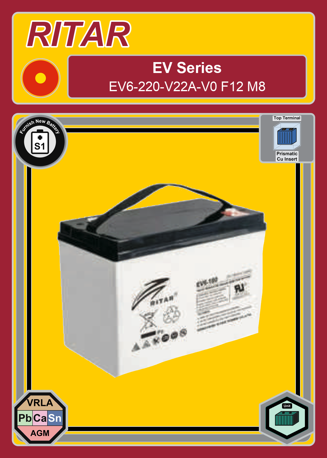 Furnish New Battery Ritar EV Series EV6 220 V22A V0 F12 M8