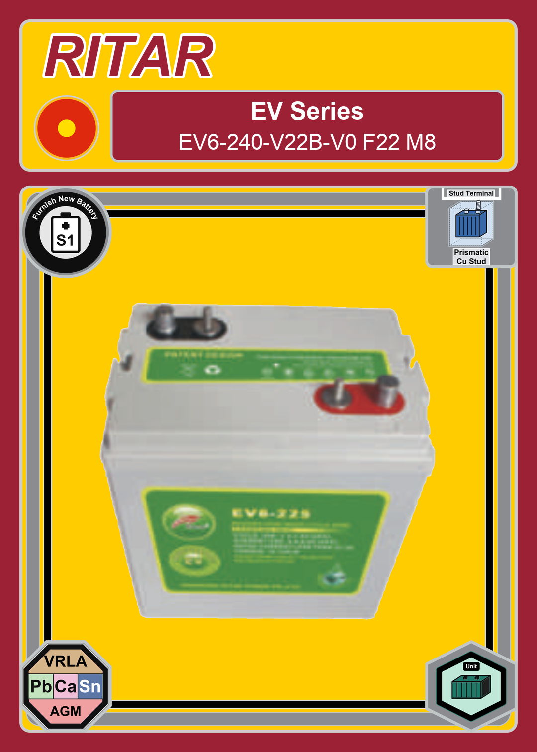 Furnish New Battery Ritar EV Series EV6 240 V22B V0 F22 M8
