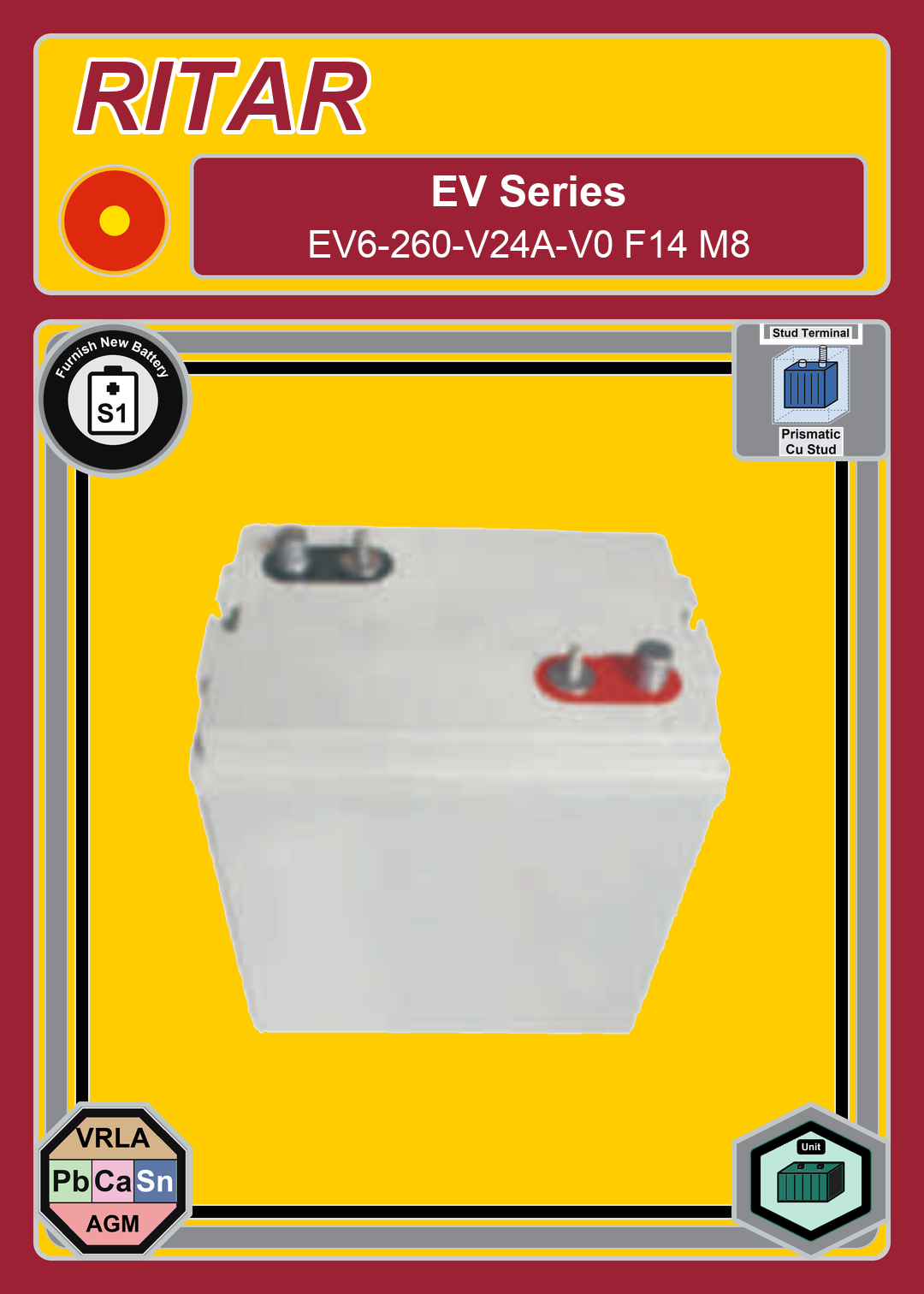 Furnish New Battery Ritar EV Series EV6 260 V24A V0 F14 M8