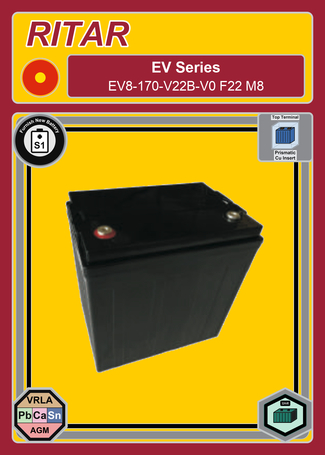 Furnish New Battery Ritar EV Series EV8 170 V22B V0 F22 M8