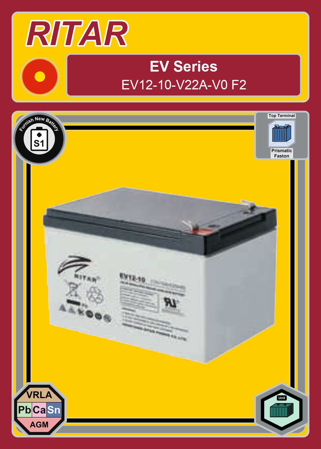 Furnish New Battery Ritar EV Series EV12 10 V22A V0 F2