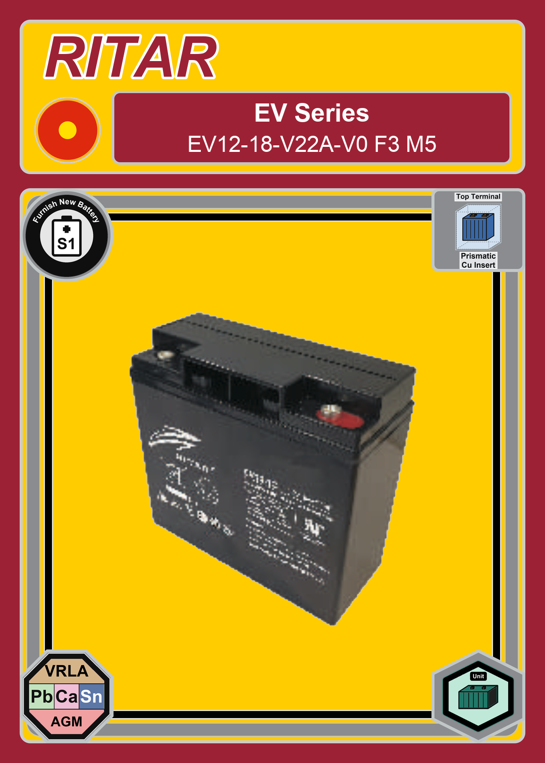 Furnish New Battery Ritar EV Series EV12 18 V22A V0 F3 M5