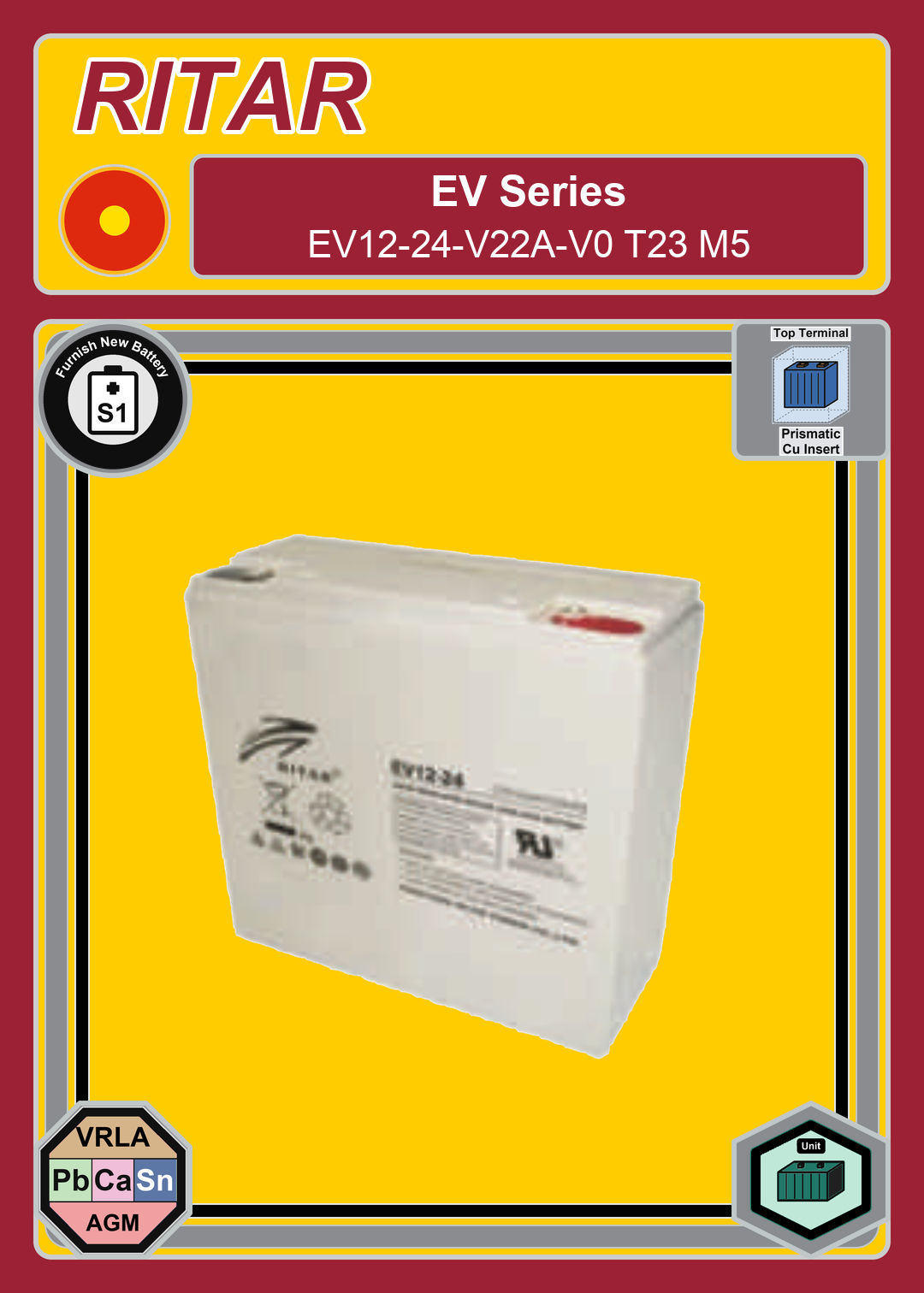 Furnish New Battery Ritar EV Series EV12 24 V22A V0 T23 M5