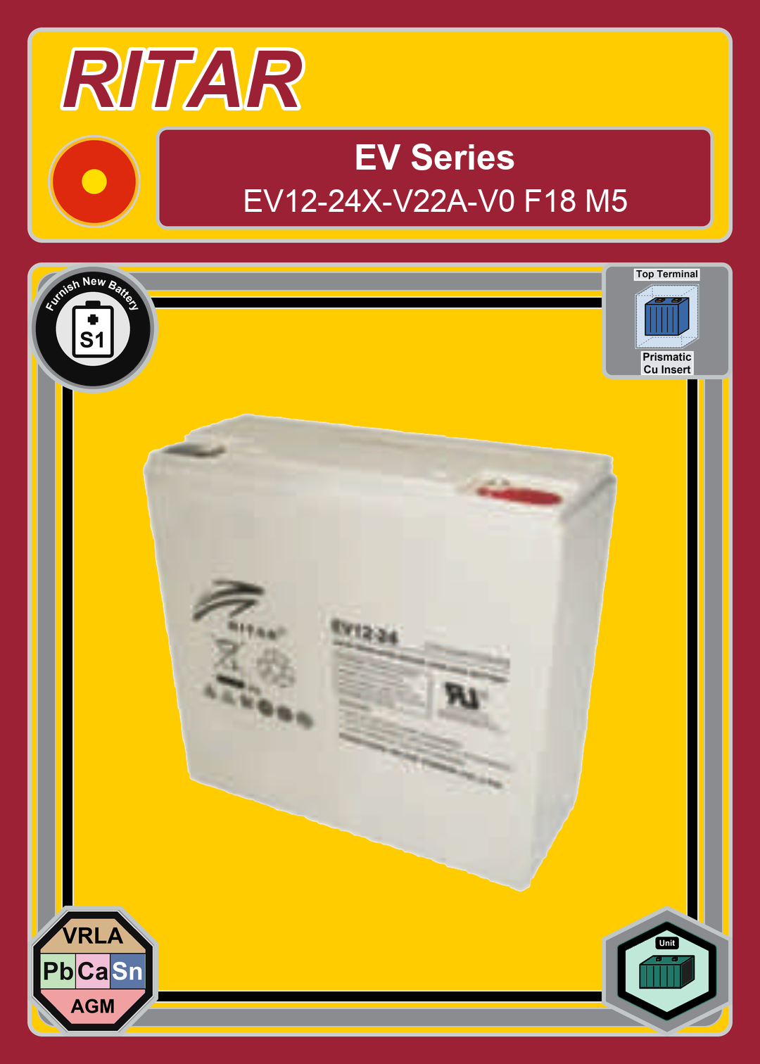 Furnish New Battery Ritar EV Series EV12 24X V22A V0 F18 M5