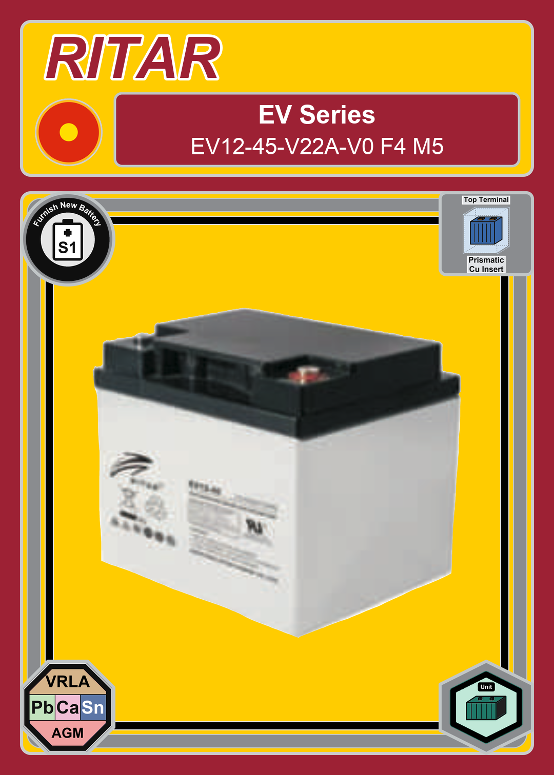Furnish New Battery Ritar EV Series EV12 45 V22A V0 F4 M5