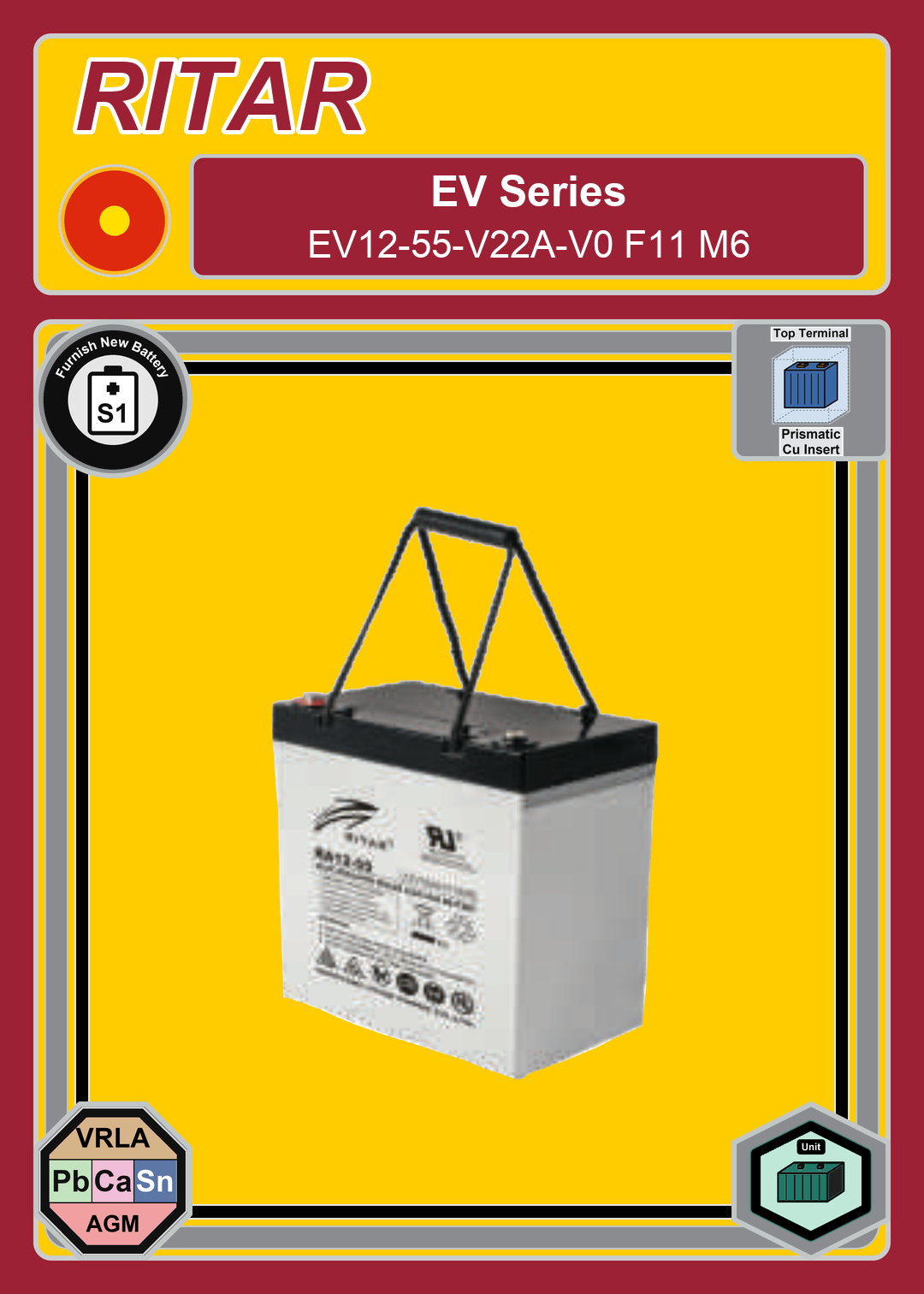Furnish New Battery Ritar EV Series EV12 55 V22A V0 F11 M6