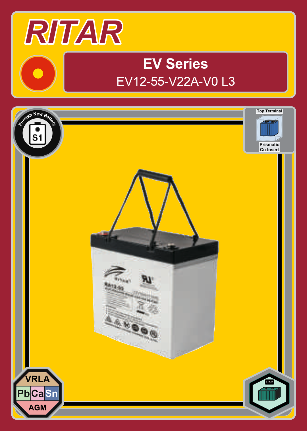 Furnish New Battery Ritar EV Series EV12 55 V22A V0 L3