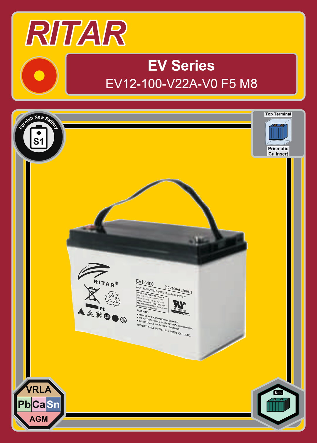 Furnish New Battery Ritar EV Series EV12 100 V22A V0 F5 M8