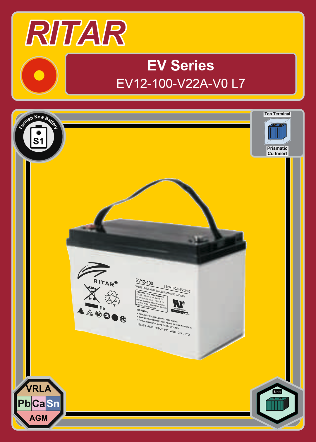 Furnish New Battery Ritar EV Series EV12 100 V22A V0 L7