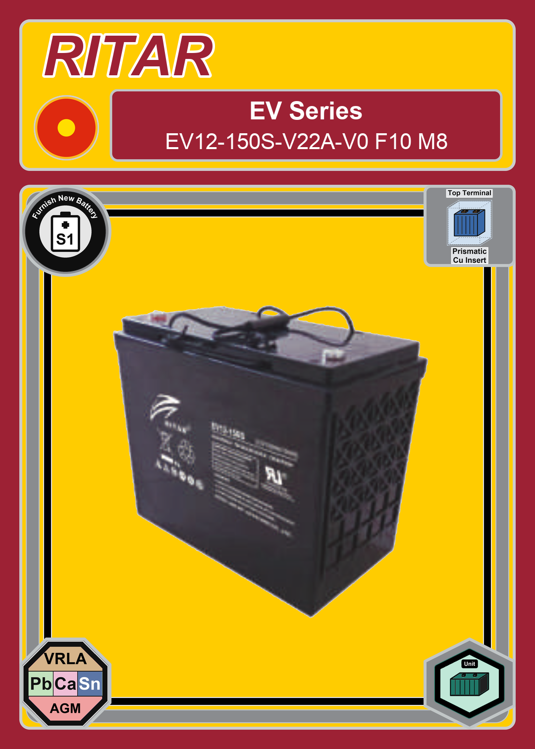 Furnish New Battery Ritar EV Series EV12 150S V22A V0 F10 M8