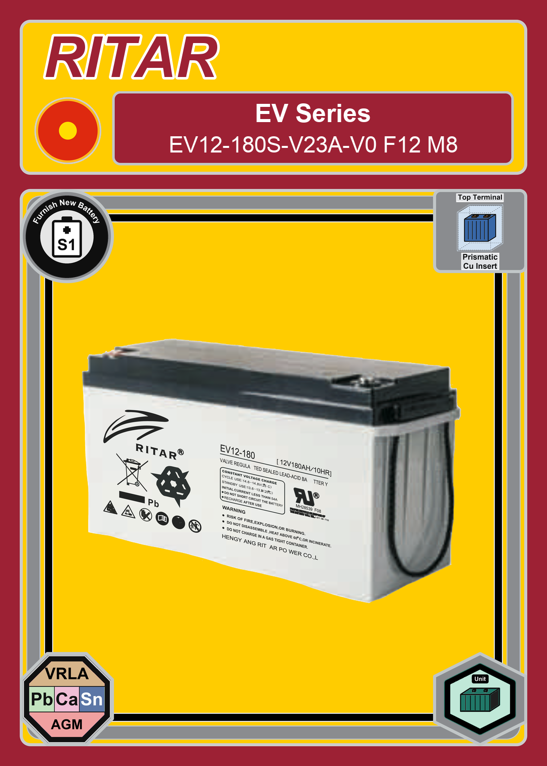 Furnish New Battery Ritar EV Series EV12 180S V23A V0 F12 M8