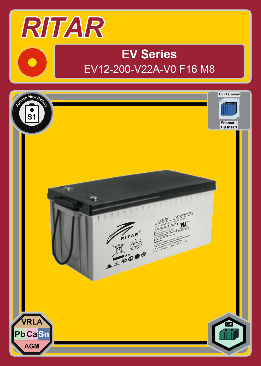 Furnish New Battery Ritar EV Series EV12 200 V22A V0 F16 M8