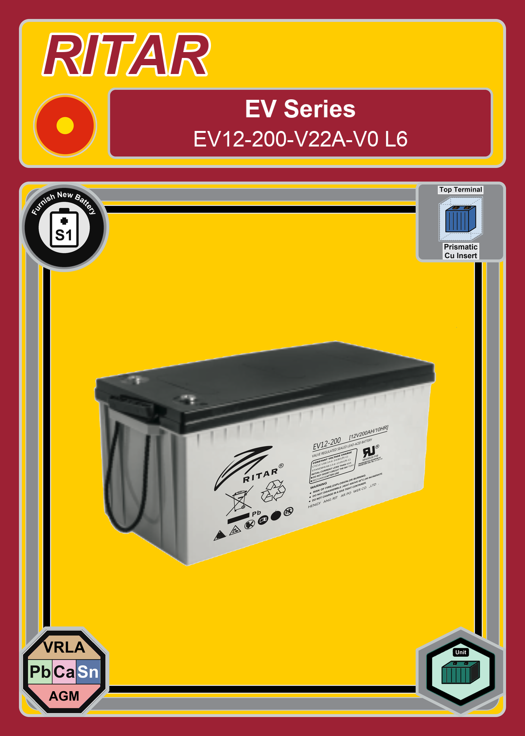 Furnish New Battery Ritar EV Series EV12 200 V22A V0 L6