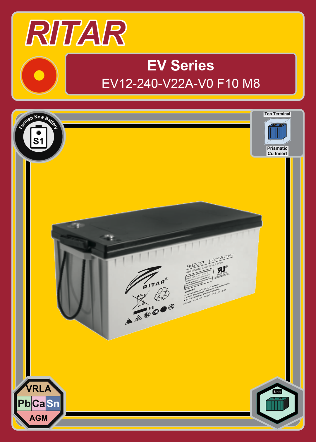 Furnish New Battery Ritar EV Series EV12 240 V22A V0 F10 M8