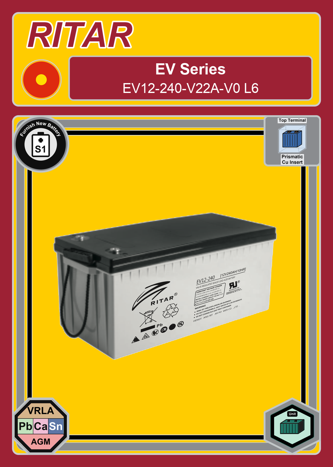 Furnish New Battery Ritar EV Series EV12 240 V22A V0 L6