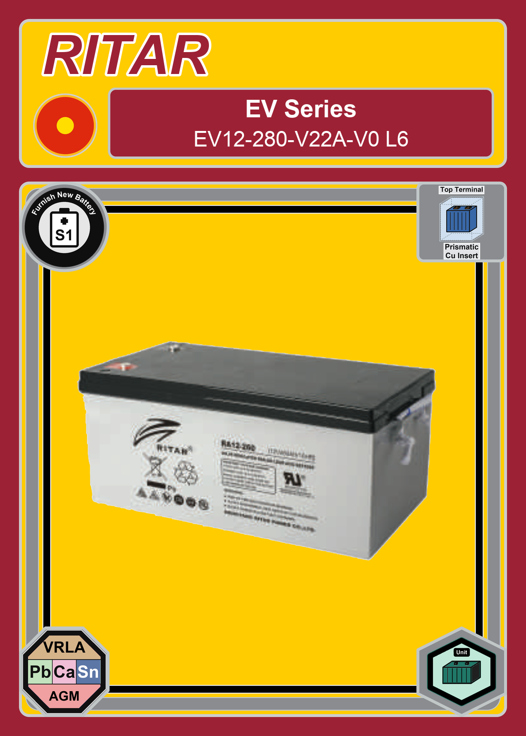 Furnish New Battery Ritar EV Series EV12 280 V22A V0 L6
