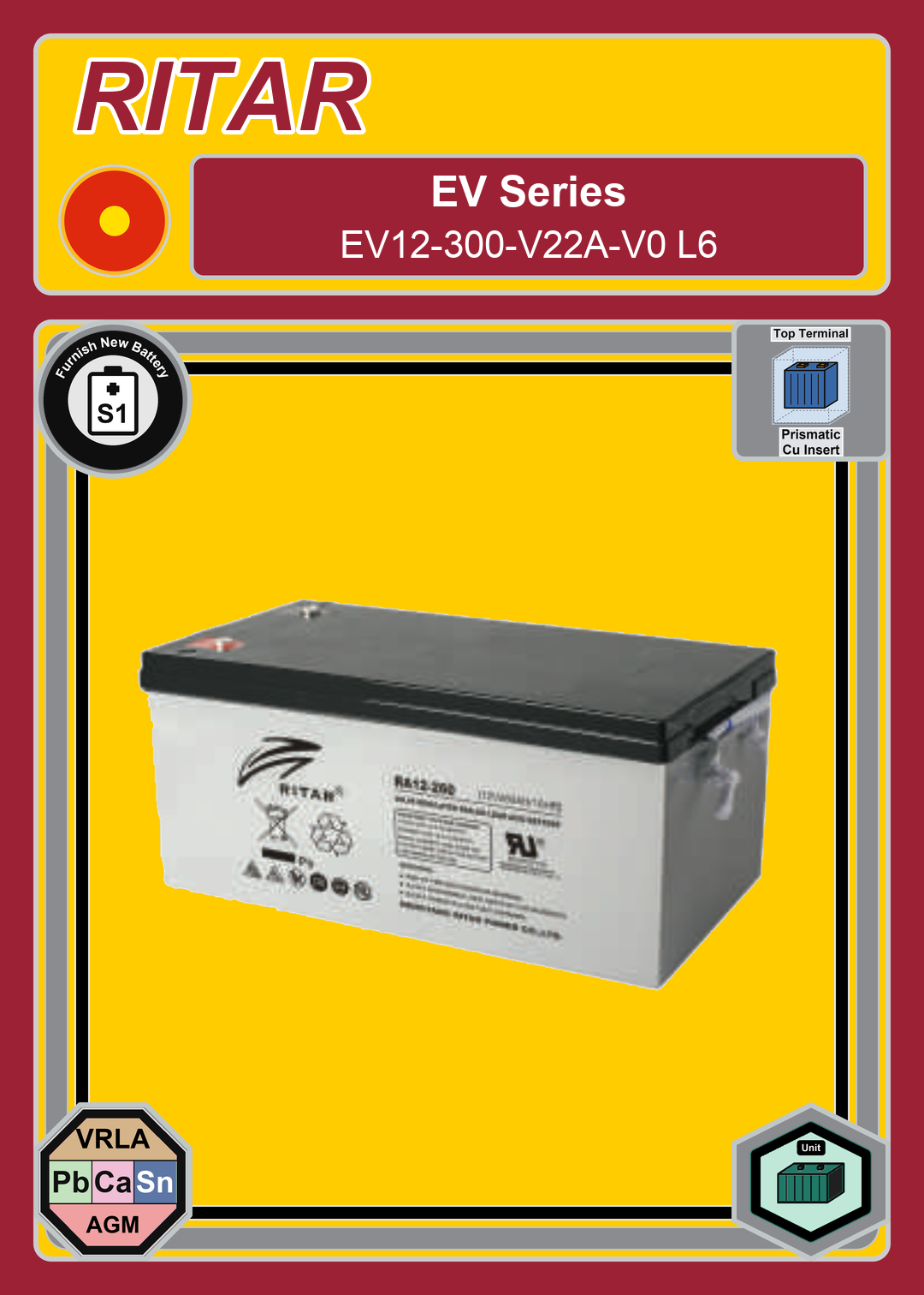 Furnish New Battery Ritar EV Series EV12 300 V22A V0 L6