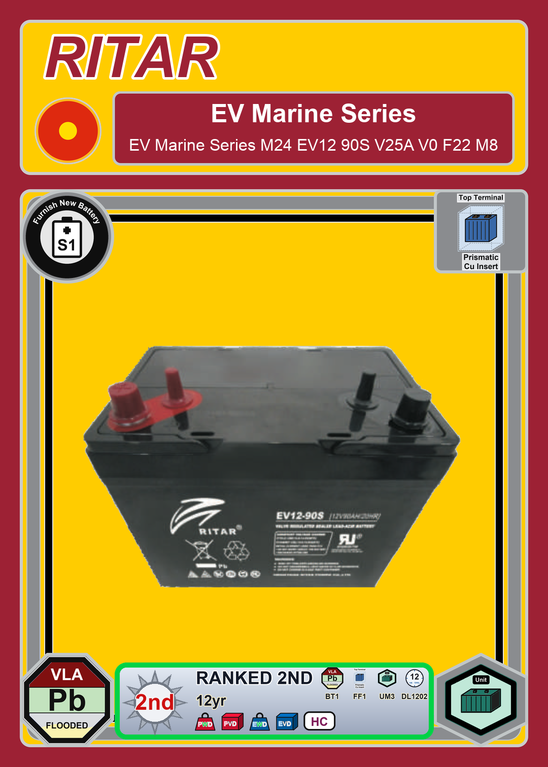Furnish New Battery Ritar EV Marine Series M24 EV12 90S V25A V0 F22 M8