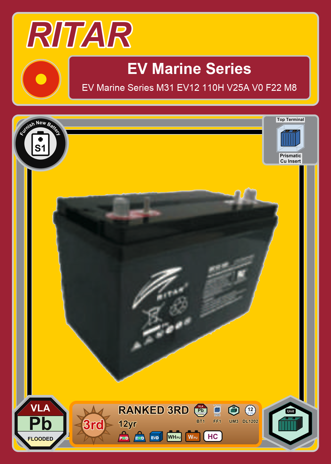 Furnish New Battery Ritar EV Marine Series M31 EV12 110H V25A V0 F22 M8