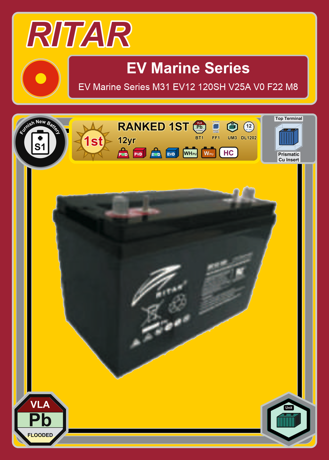 Furnish New Battery Ritar EV Marine Series M31 EV12 120SH V25A V0 F22 M8