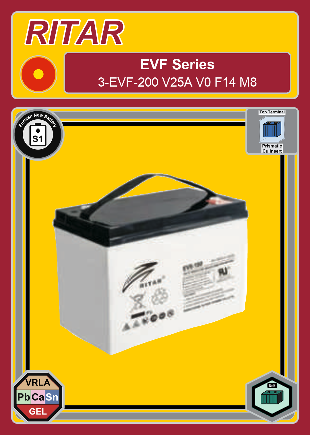 Furnish New Battery Ritar EVF Series 3 EVF 200 V25A V0 F14 M8