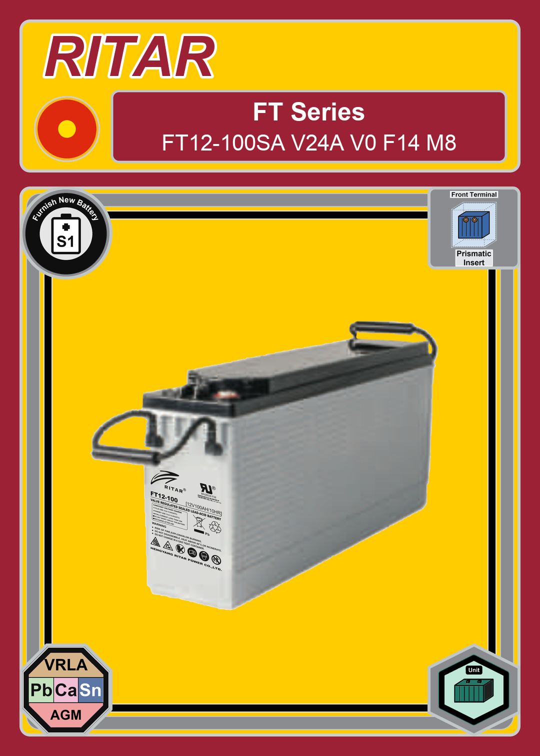 Furnish New Battery Ritar FT Series FT12 100SA V24A V0 F14 M8