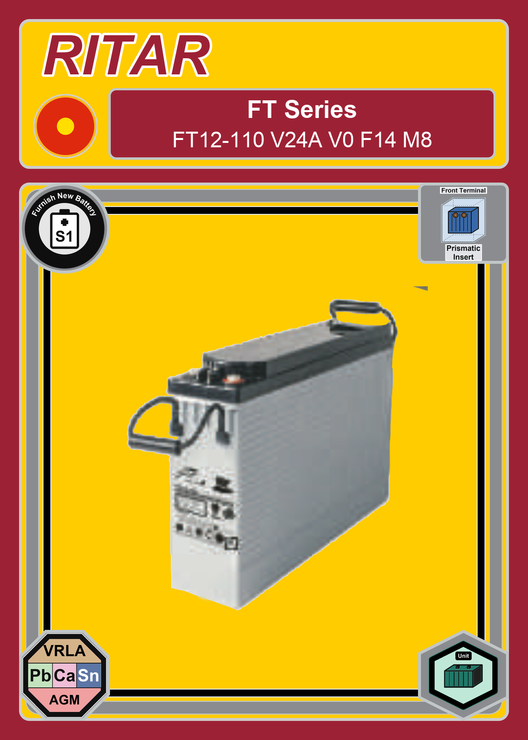Furnish New Battery Ritar FT Series FT12 110 V24A V0 F14 M8