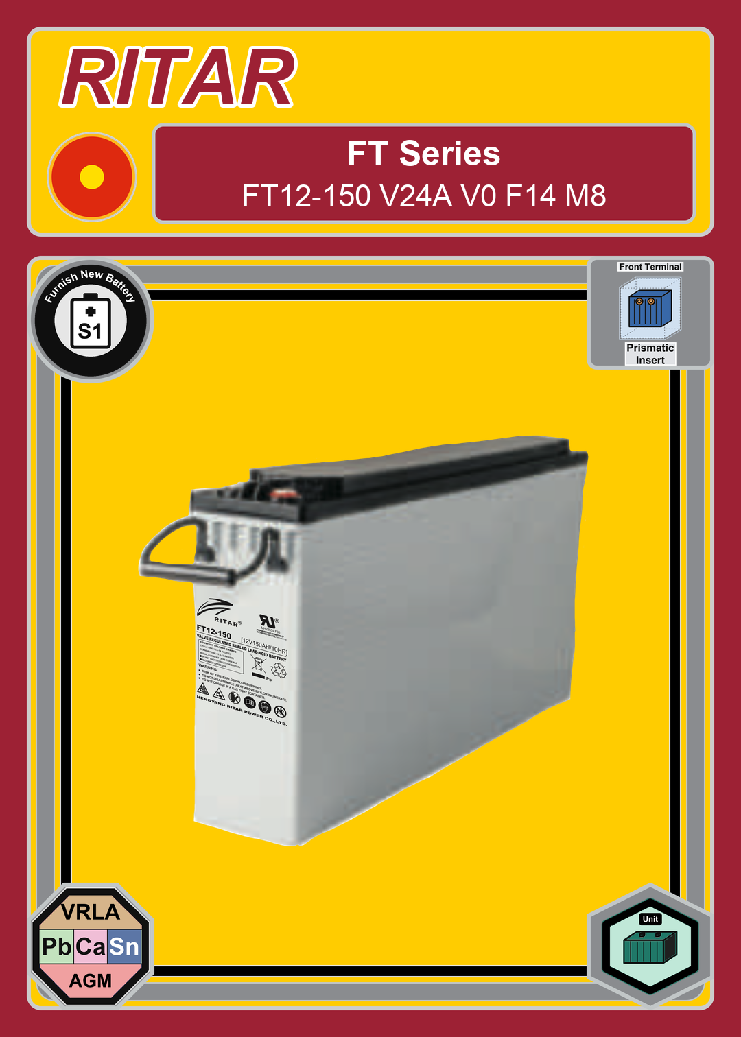 Furnish New Battery Ritar FT Series FT12 150 V24A V0 F14 M8