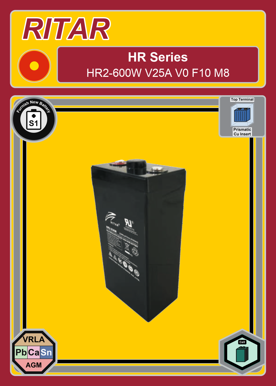 Furnish New Battery Ritar HR Series HR2 600W V25A V0 F10 M8