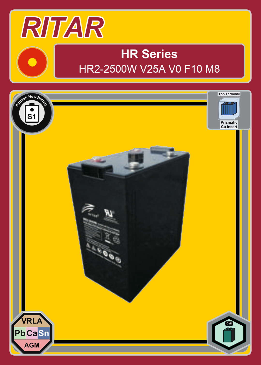 Furnish New Battery Ritar HR Series HR2 2500W V25A V0 F10 M8