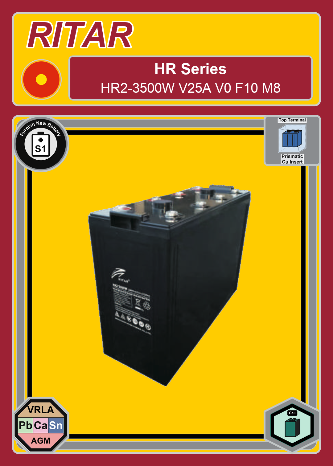 Furnish New Battery Ritar HR Series HR2 3500W V25A V0 F10 M8