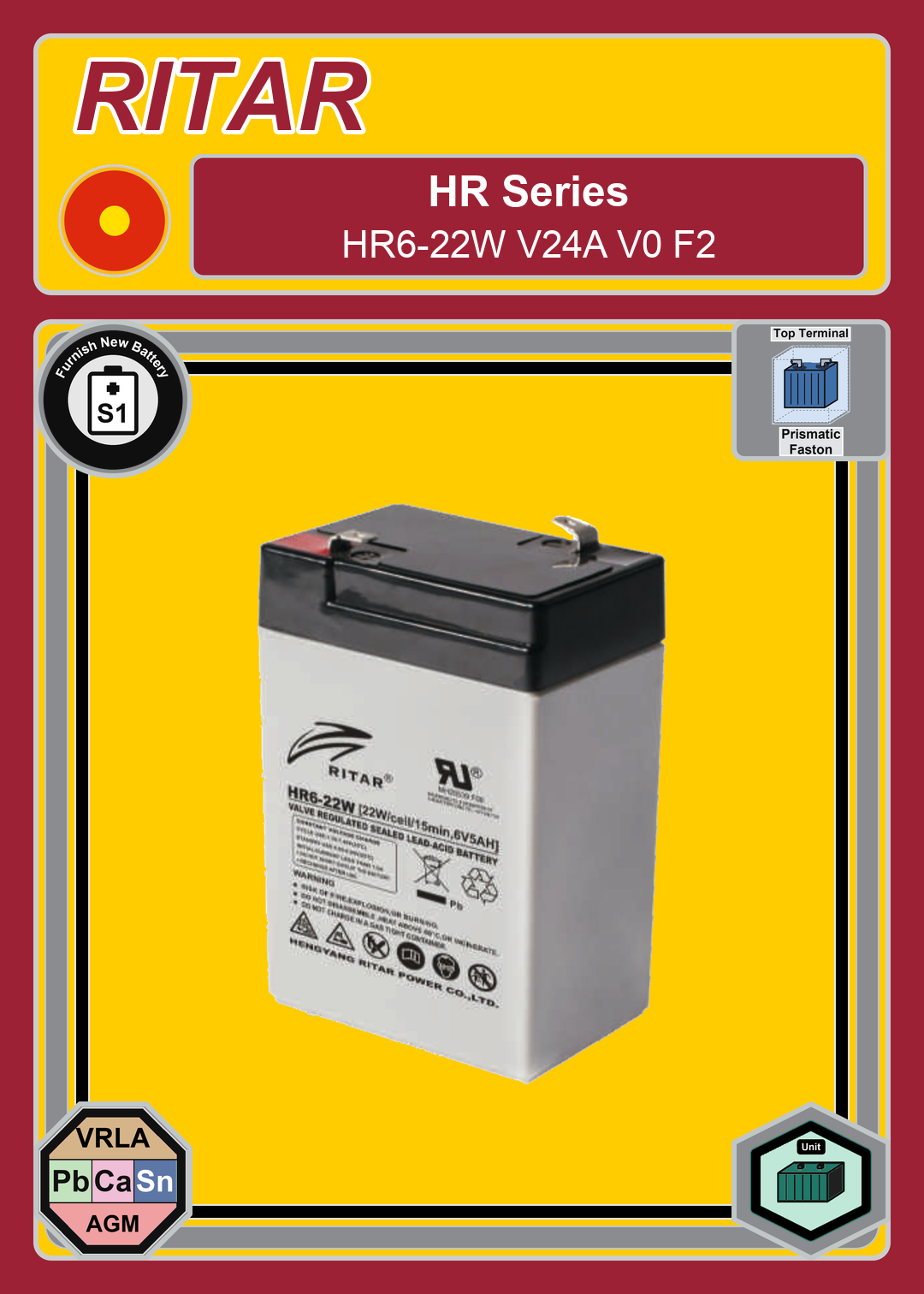 Furnish New Battery Ritar HR Series HR6 22W V24A V0 F2