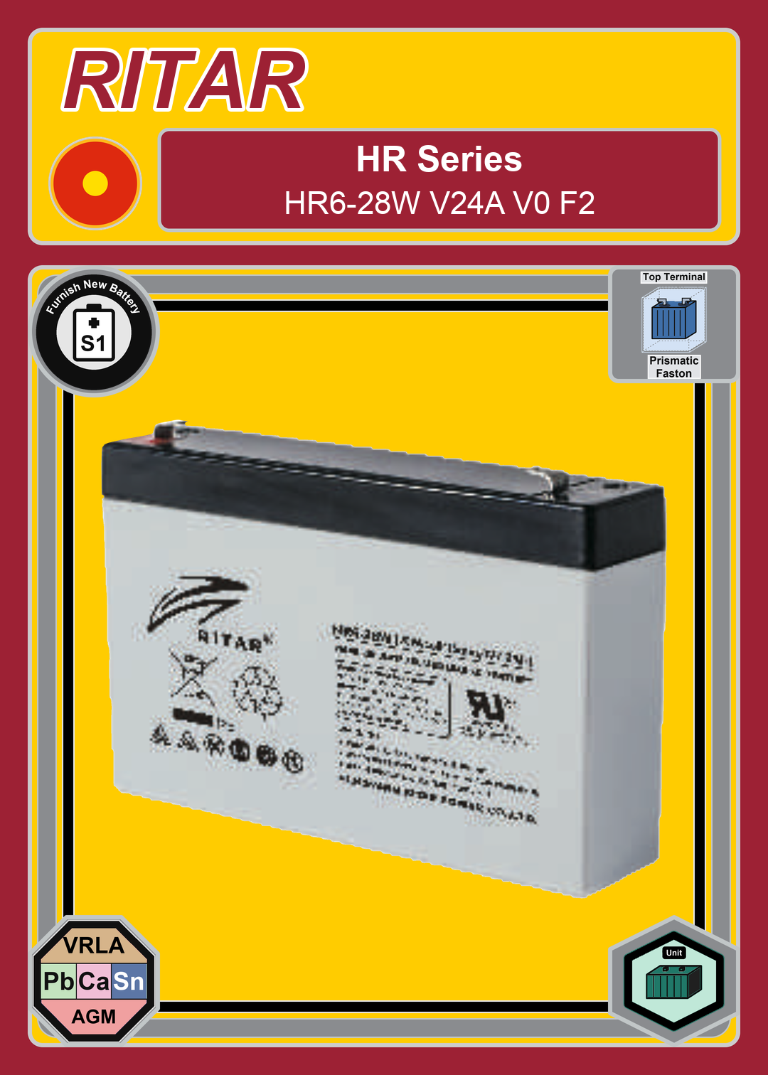 Furnish New Battery Ritar HR Series HR6 28W V24A V0 F2