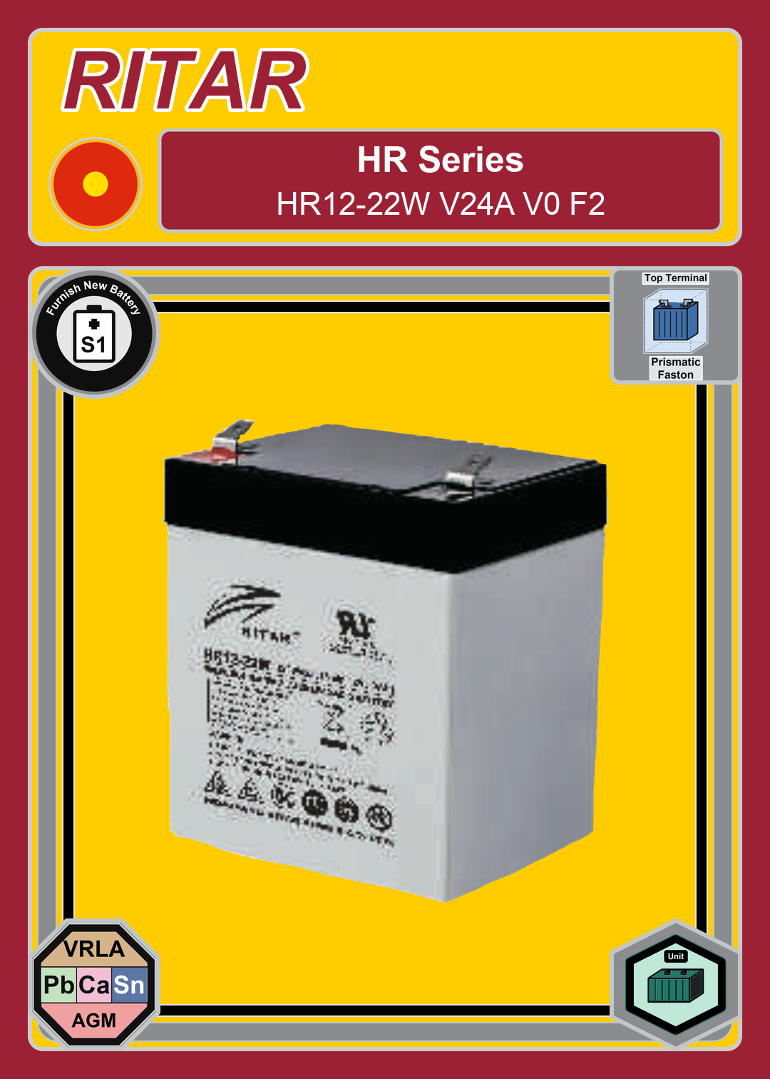 Furnish New Battery Ritar HR Series HR12 22W V24A V0 F2