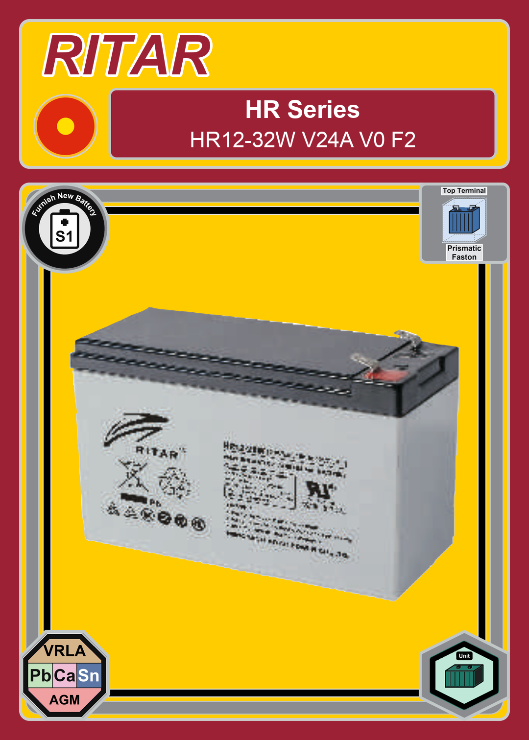 Furnish New Battery Ritar HR Series HR12 32W V24A V0 F2
