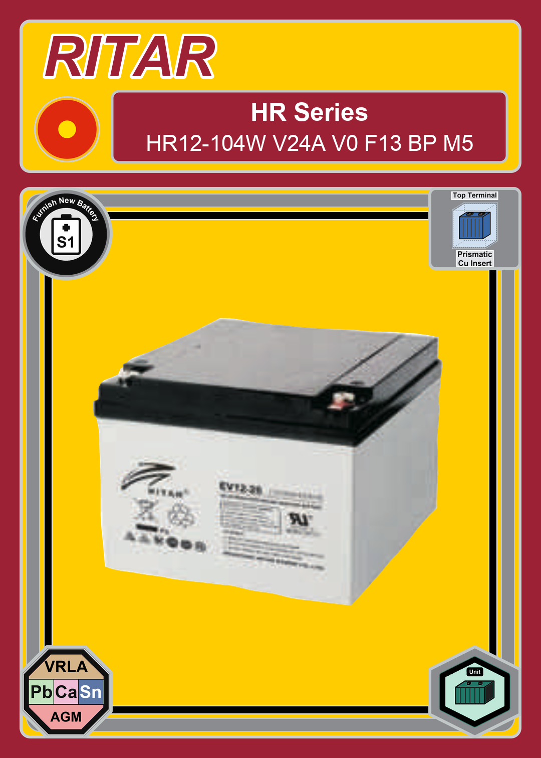 Furnish New Battery Ritar HR Series HR12 104W V24A V0 F13 BP M5