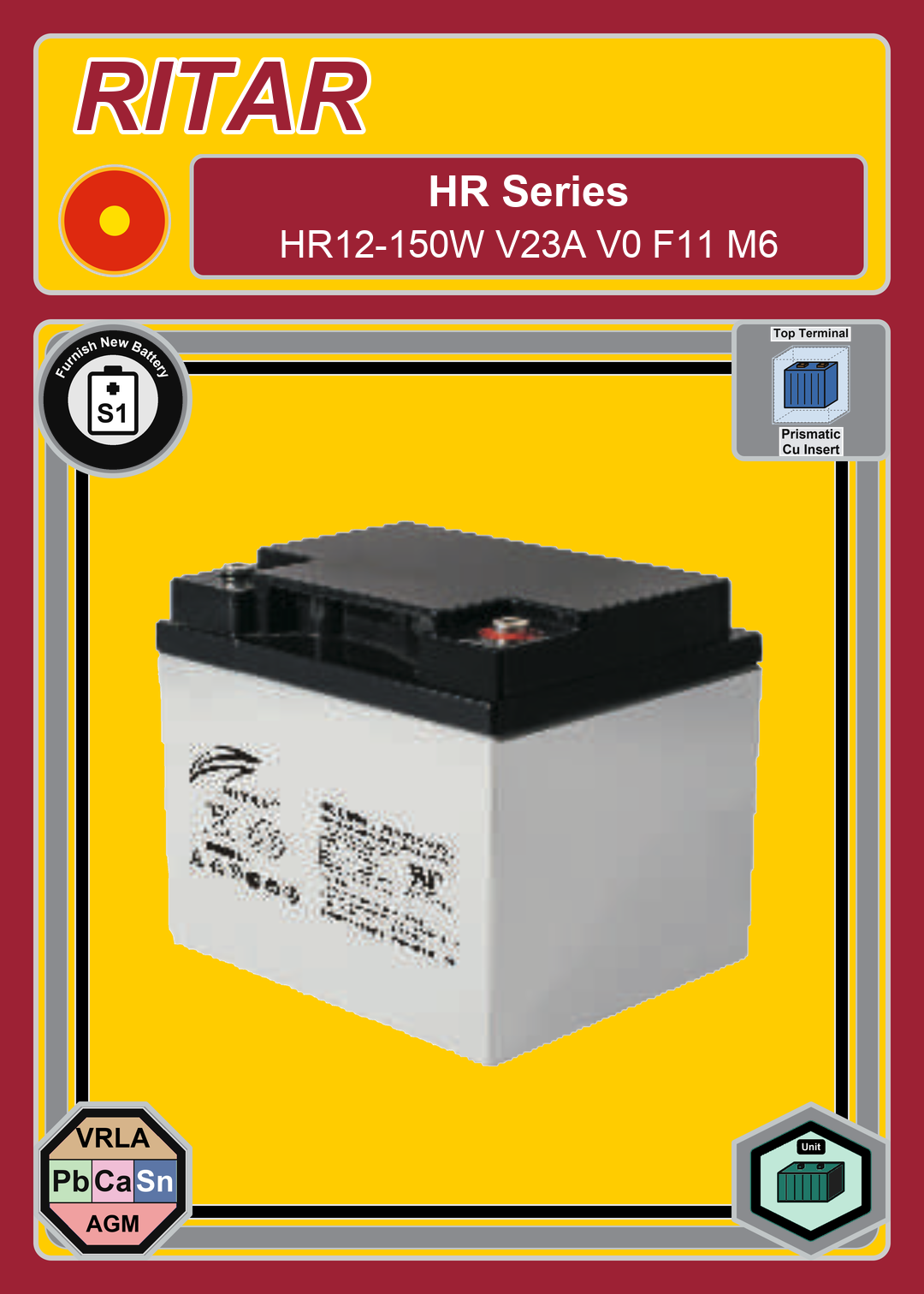 Furnish New Battery Ritar HR Series HR12 150W V23A V0 F11 M6